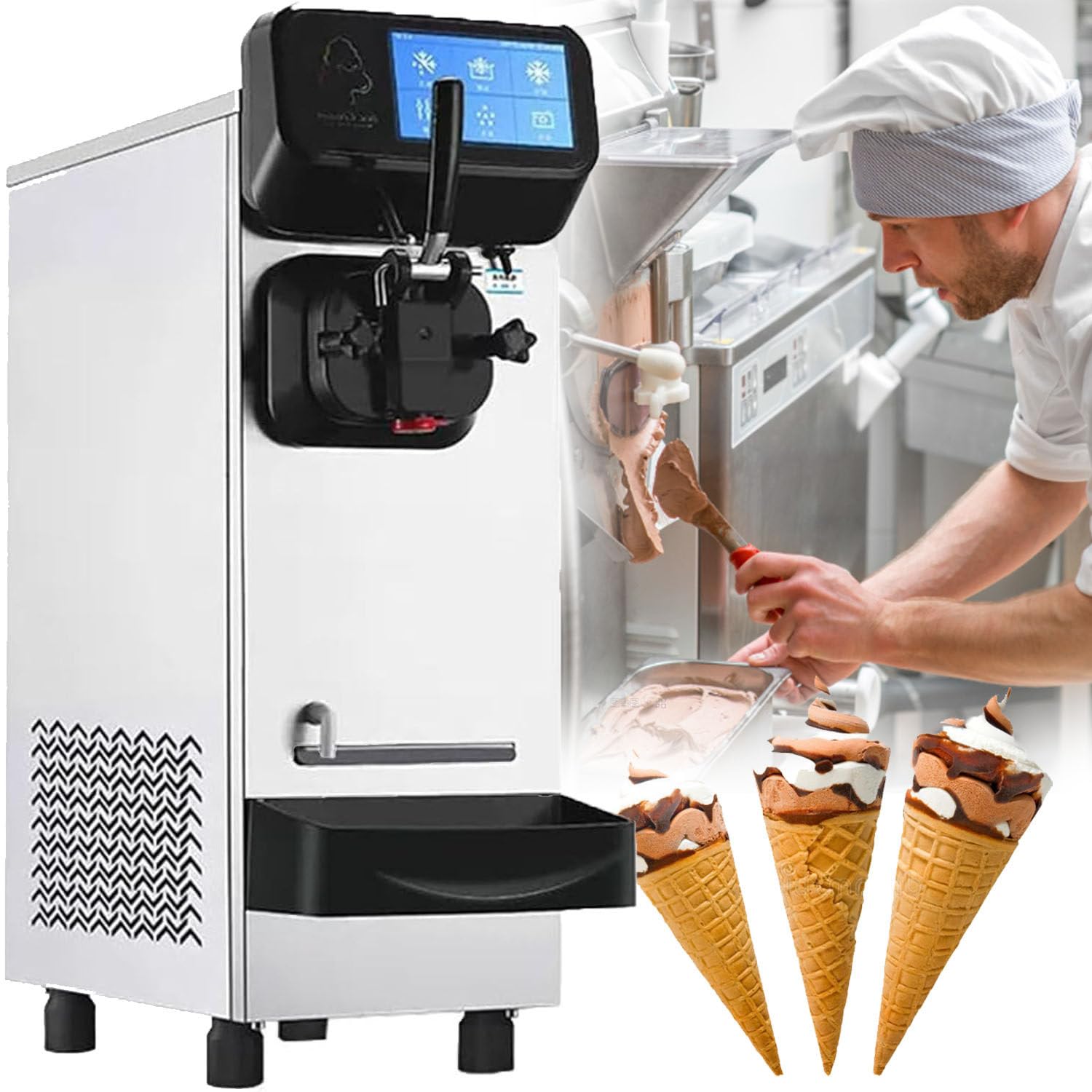 Commercial Ice Cream Machine Single Head with Touch Screen 1600W 21L h Table Top Ice Cream Machine Electric
