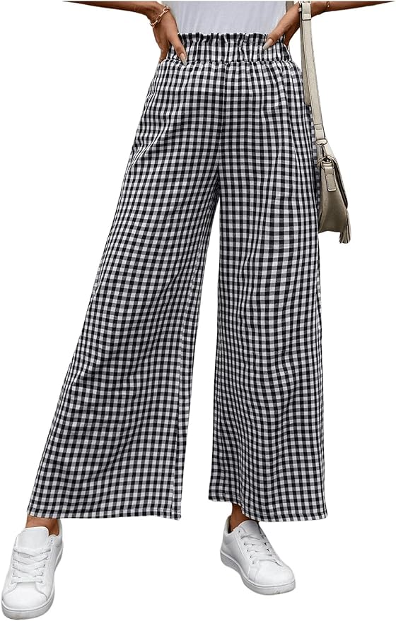 Black and white gingham wide-leg pants