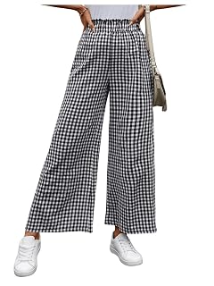 MakeMeChic Womens Gingham Palazzo Long Pants Elastic Waist Wide Leg Frill Trim Straight Loose Trousers