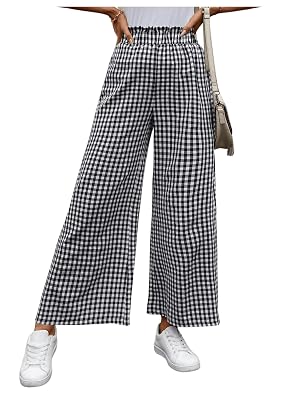 MakeMeChic Womens Gingham Palazzo Long Pants Elastic Waist Wide Leg Frill Trim Straight Loose Trousers
