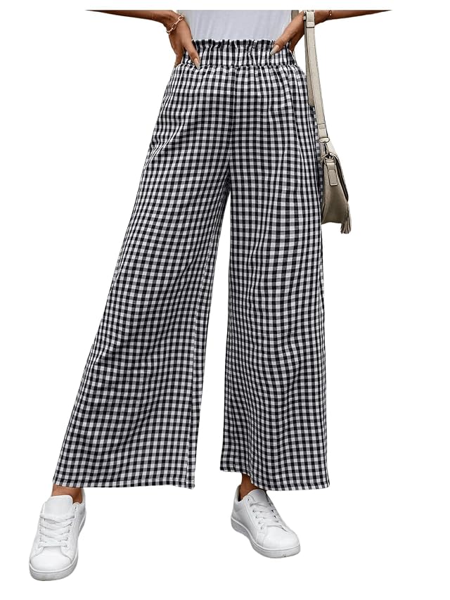 MakeMeChic Womens Gingham Palazzo Long Pants Elastic Waist Wide Leg Frill Trim Straight Loose Trousers