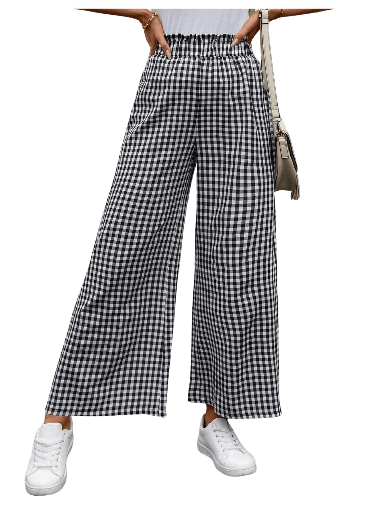MakeMeChic Womens Gingham Palazzo Long Pants Elastic Waist Wide Leg Frill Trim Straight Loose Trousers