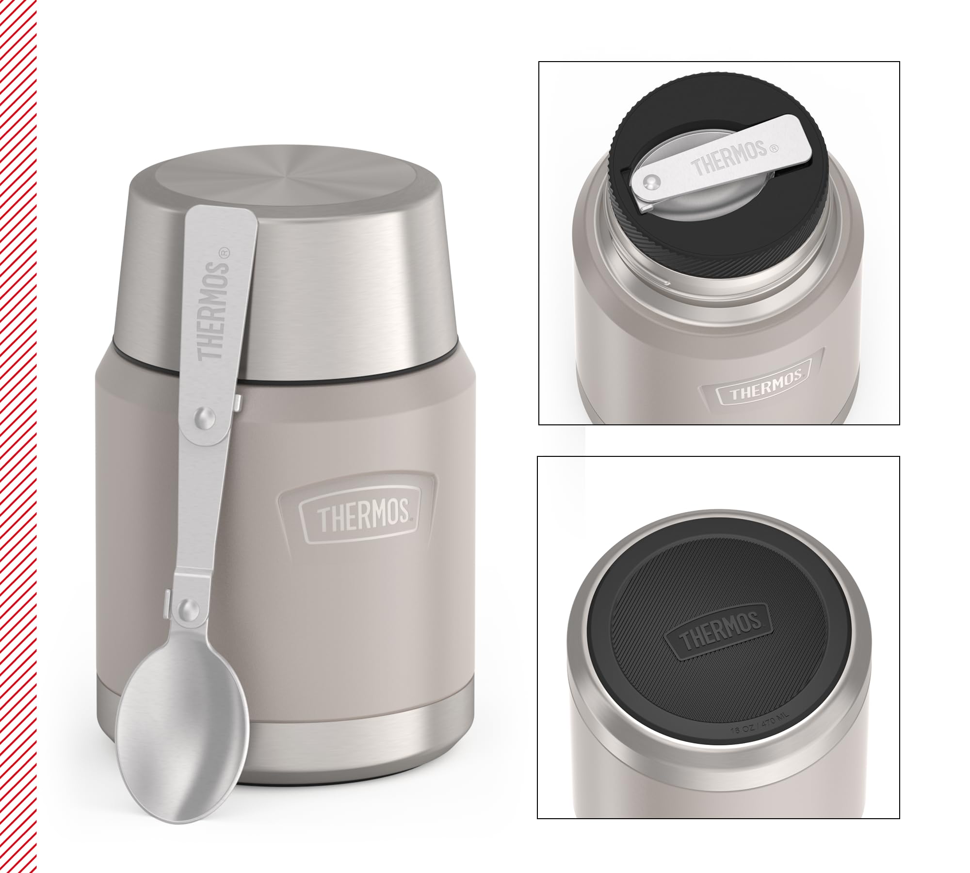 Thermos ICON Food Jar 0,47 L Beige Mate Sandstone - Recipiente para comida (470 ml, doble pared, acero inoxidable 18/8, mantiene el calor y el frío, con cuchara plegable, base antideslizante,