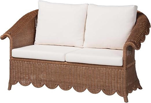 Bali & pari Detta Natural Rattan Loveseat with Cushion - Handwoven Wicker Settee with Rolled Arms and Scalloped Skirt Base, Boho Coastal Style for Sunroom or Lounge