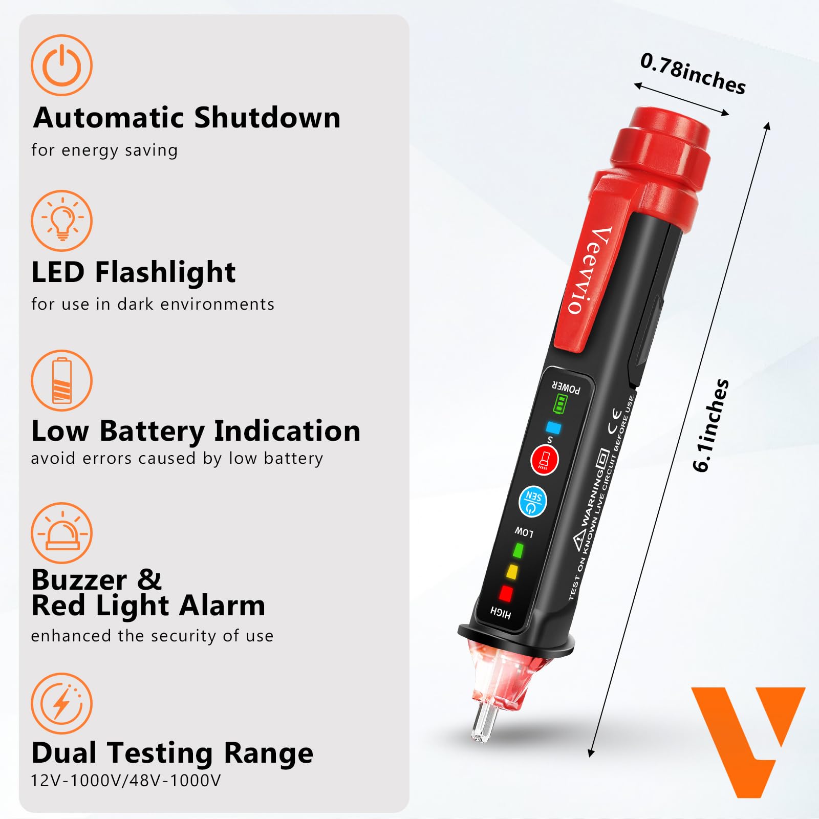 Veevvio Non-Contact Voltage Tester, Voltage Detector Dual Range AC 12V/48V-1000V, Circuit Tester with Buzzer Alarm, Electrical Tester, Live/Null Wire Tester with Pocket Clip, Wire Breakpoint Finder