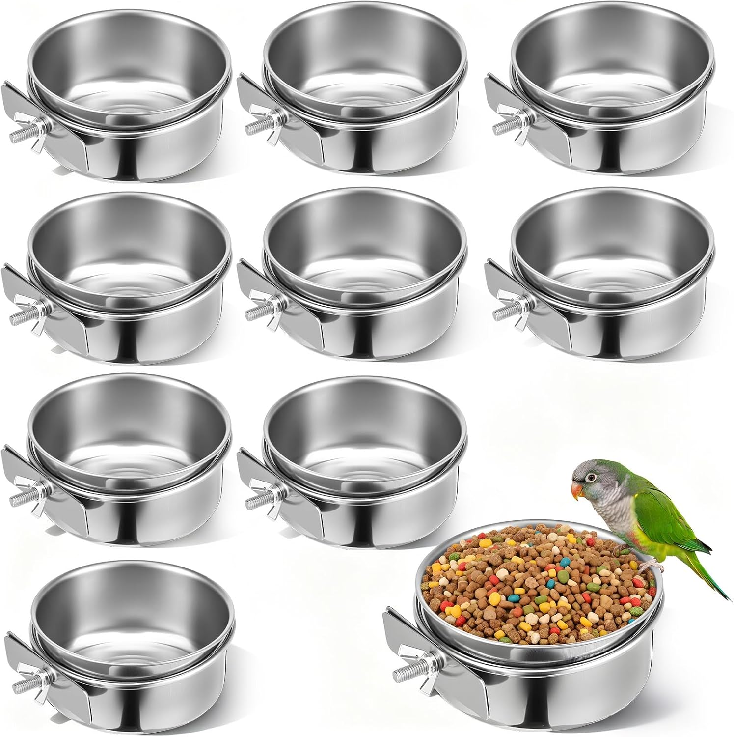 10 Pack Stainless Steel Bird Food Bowls with Clamp Holder, Parrot Feeding Dish Cups for Cage, Rustproof Bird Water Feeders for Cockatiel Conure Budgie Parakeet Macaw Lovebird Small Animals