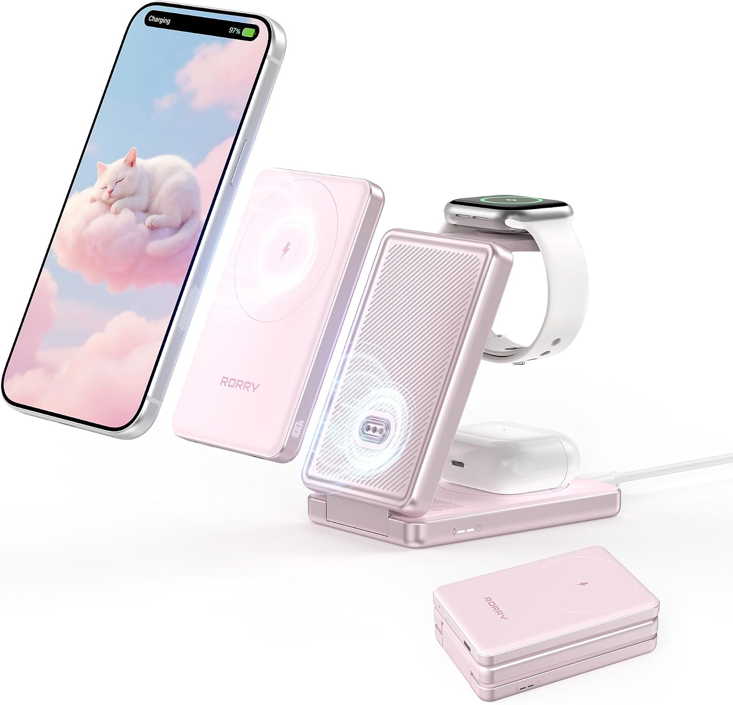 【新色登場】RORRY AuraDock ワイヤレス充電器 4in1【業界初 着脱式モバイルバッテリー 3in1進化 最大20W急速充電】magsafe対応 4台同時充電 15W/5W マグネット 折りたたみ式 5000mAh iPhone17/16/15/14/13/12シリーズ＆Apple watch＆AirPods 置くだけ充電 Type-C 持ち運び 旅行・オフィス 防災 ピンク