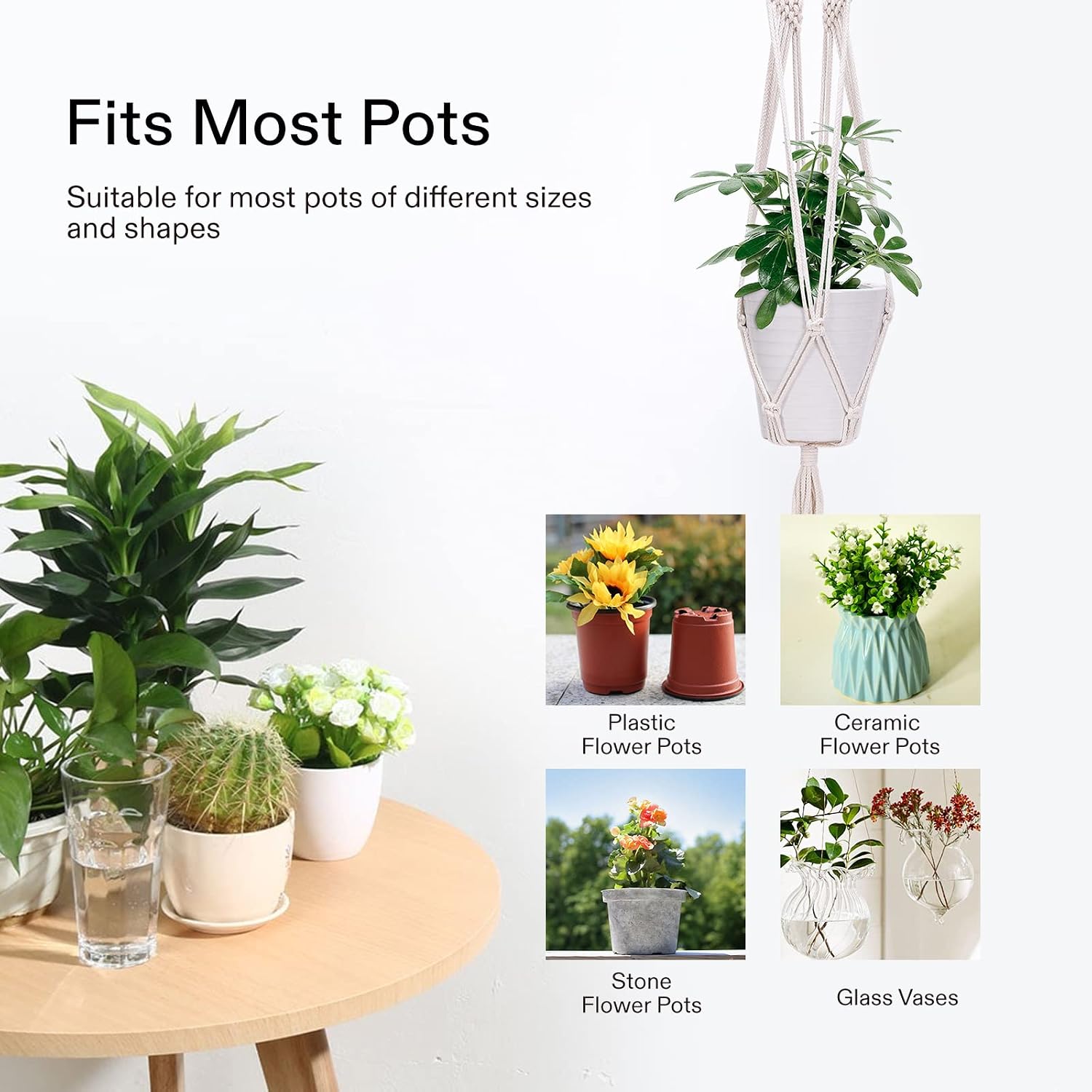 VIVOSUN 3-Pack Macrame Plant Hanger with Hook 4 Legs Cotton Rope Hanging Plant Holder for Indoor and Outdoor Decor, White
