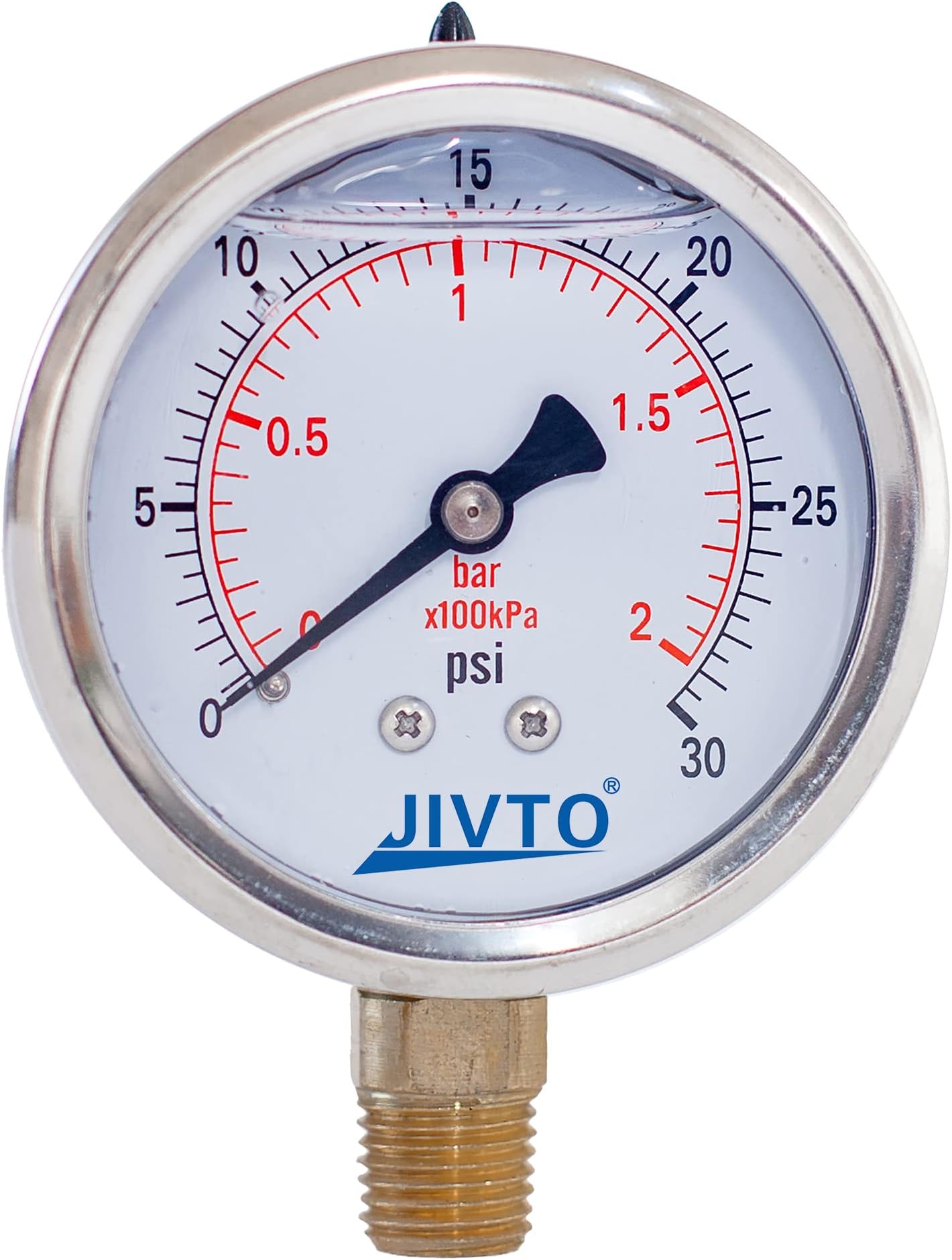 Pressure Gauge,Glycerin Liquid Filled,2-1/2" Dual Scale Dia,0-30 psi/bar/kpa,1/4" NPT Male Brass Connection,Lower Mount, Stainless Steel Case,for Pneumatic,Pump,Hose,Well Tank,Gas Air Water Oil
