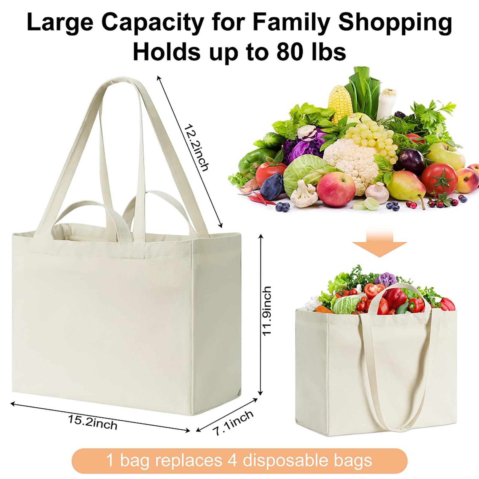 Bolsas reutilizables de lona con correa larga para el hombro y asa corta, plegable, resistente