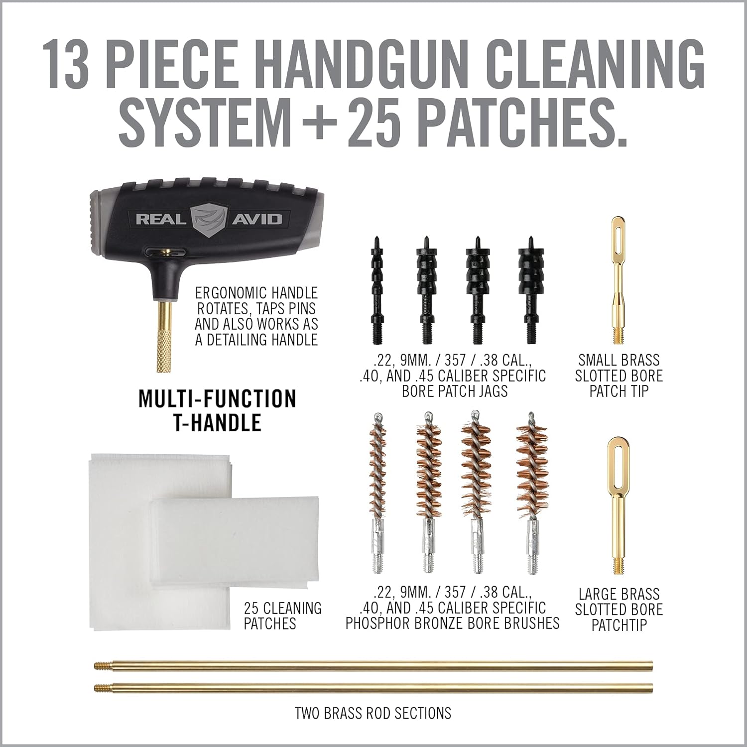 Real Avid PRO Handgun Cleaning Kit – Multi-Caliber Pistol Cleaning Kit for .22, 9mm, .357, .38, .40, .44 & .45 – Brass Rod, Bore Brushes, Jags, Patches & Crush-Proof Range Case