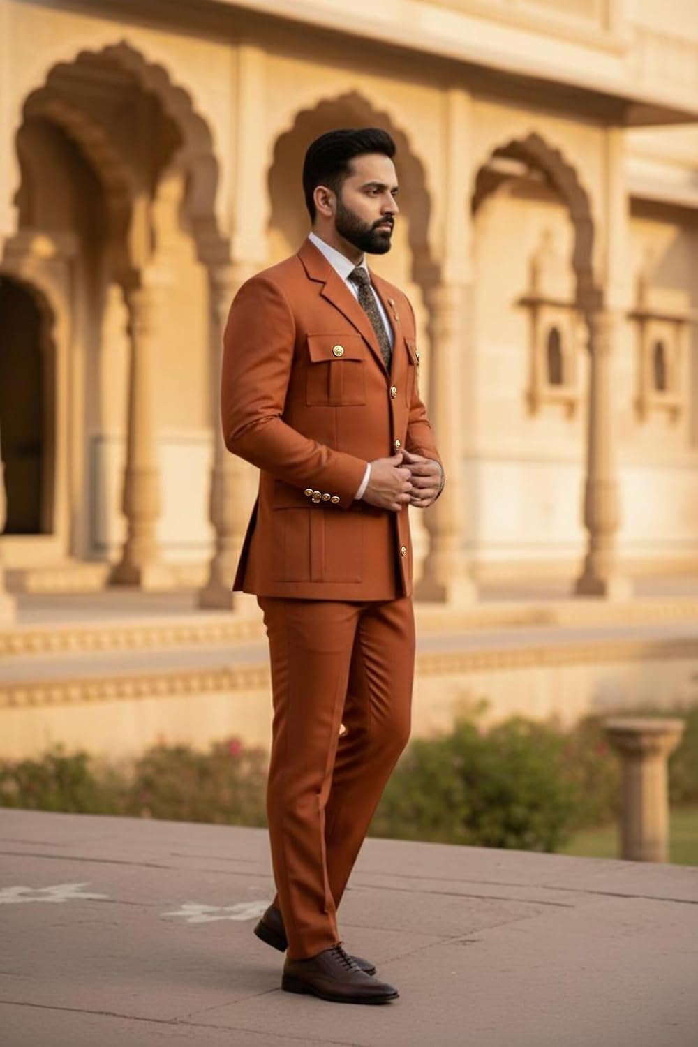 Mens 2 Piece Safari Suit Notch Lapel Formal Gold Suit for Men Regular Fit Multi Pocket Chinese Traditional Wedding Set - Image 4