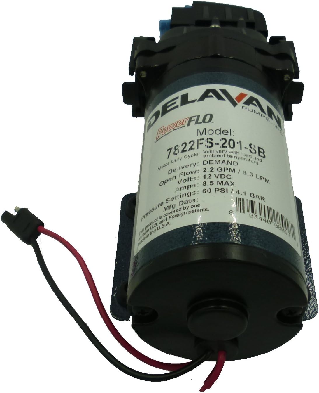 Delavan 7822FS-201-SB Flex Diaphragm Pump 12V, 60 PSI, 2.2 GPM, Demand Pump with 3/4" QA Ports
