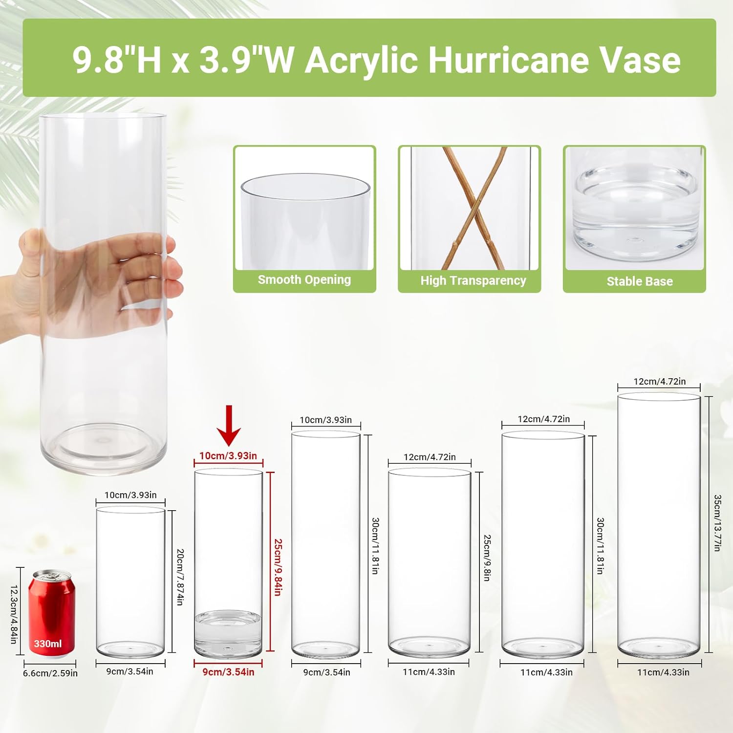 SUREAM Acrylic Hurricane Vases, 9.8 inch Tall Floating Candle Holder, 3 Pcs Plastic Cylindrical Flower Vases for Wedding Centerpieces, Unbreakable Clear Floating Candle Holder for Home Decor