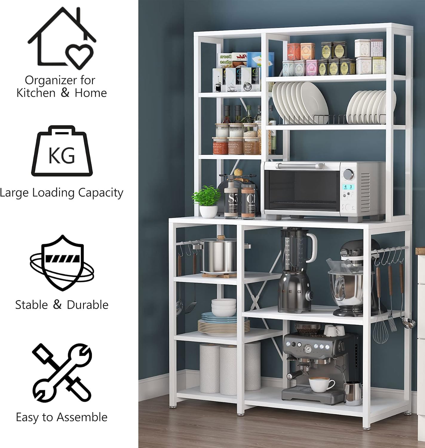 Tribesigns Kitchen Baker's Rack, 5-Tier+6-Tier Kitchen Utility Storage Shelf Table with 10 S-Shaped Hooks and Metal Frame, Workstation Organizer Shelf, 39.3 x 15.7 x 66.9 Inches (White)
