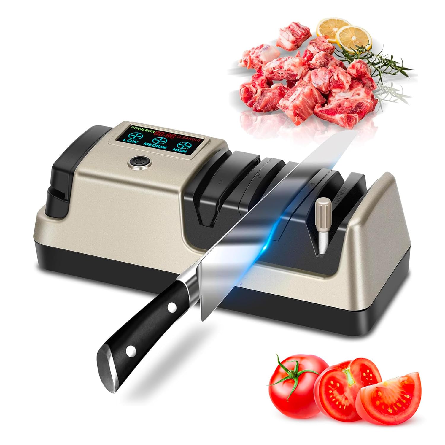 NATGIFT Electric Knife Sharpener Blade Sharpeners Machine 100% Diamond Abrasives and Precision Angle Guides 3-Speed Variable with LCD Screen for Serrated Lawn Blades Edges, Scissors & Axe, Gold