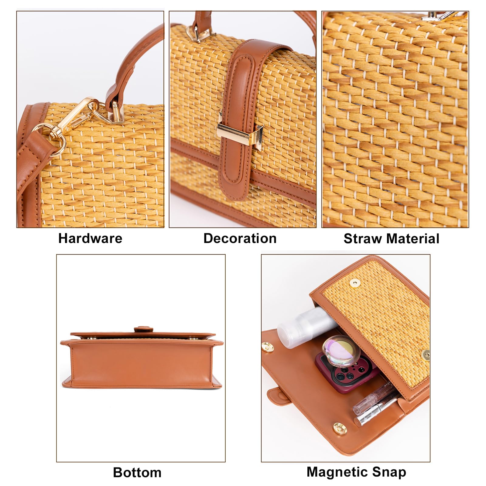 boshiho Borsa a tracolla da donna in paglia intrecciata stile Raffia, borsa da spiaggia con manico superiore, borsa a tracolla per vacanze estive