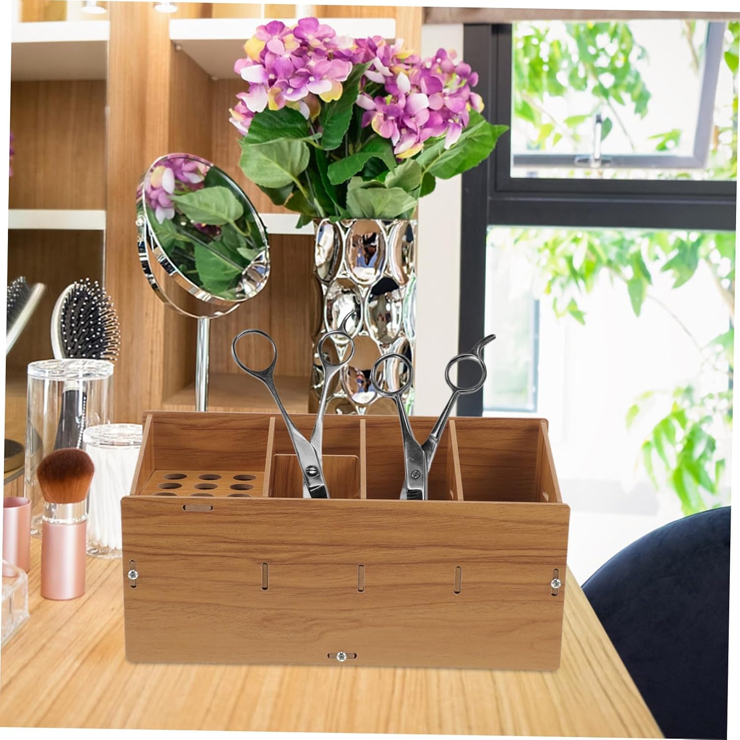 FOMIYES Desktop Haircut Shear Holder Wooden Hairdressing Tool Organizer for Combs and Scissors Sturdy and Practical Barber Storage for Hairstylists and Home Use