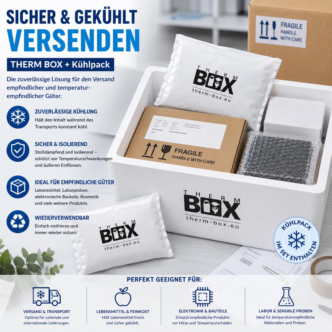 THERM BOX 80W Styroporbox 80 Liter Kühlbox Set mit 10 Gel Kühlakkus | Gel Kühlpacks | Box Innenmaß 62,5x44x30 cm Wandstärke 3 cm Thermobox Isolierbox Warmhaltebox Wiederverwendbar