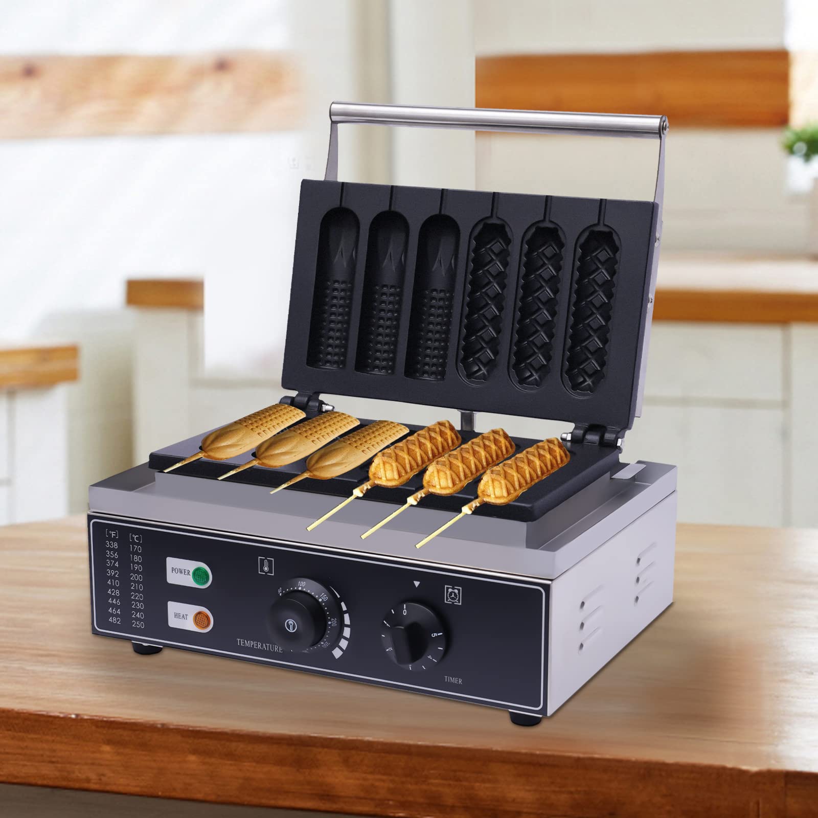 Machine à hot-dog électrique 1500 W en acier inoxydable, contrôle de la température de 50 à 300 °C, avec minuterie de 5 minutes et 6 moules à hot-dog, pour la cuisine domestique, les stands de rue