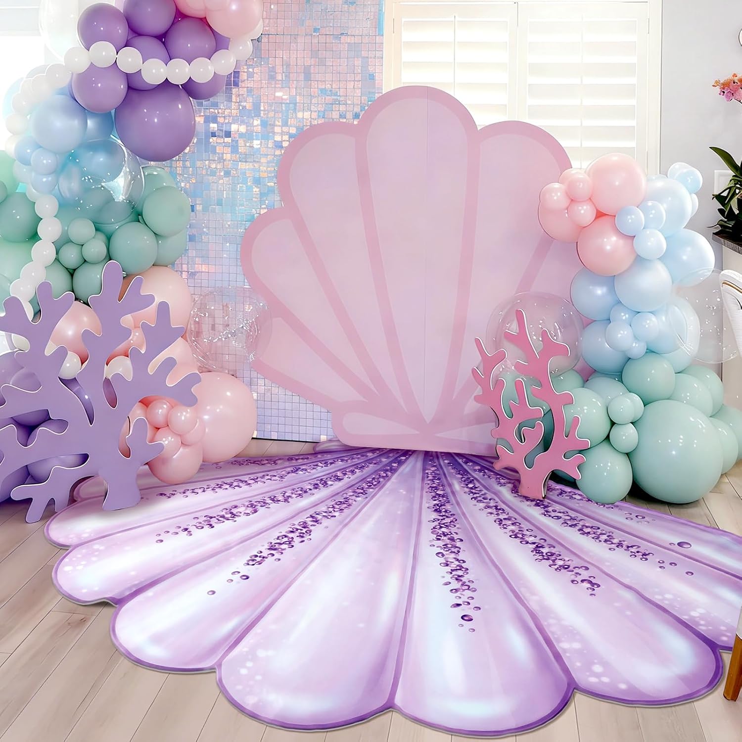 Mermaid Party Decoration 59 x 79 Inch Large Seashell Rug Under the Sea Decor Purple Pink Mermaids Floor Mat Decorative Area Rug for Mermaid Birthday Ocean Theme Photo Prop Backdrop Beach Wedding Party