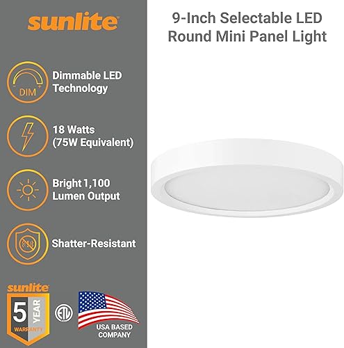 Miniatura 2 de Sunlite 81286 Mini lámpara LED redonda de 9 pulgadas, 18 W (75 W  ), 1100 lúmenes, CCT seleccionable de 30K40K50K, regulable, acabado blanco, vida