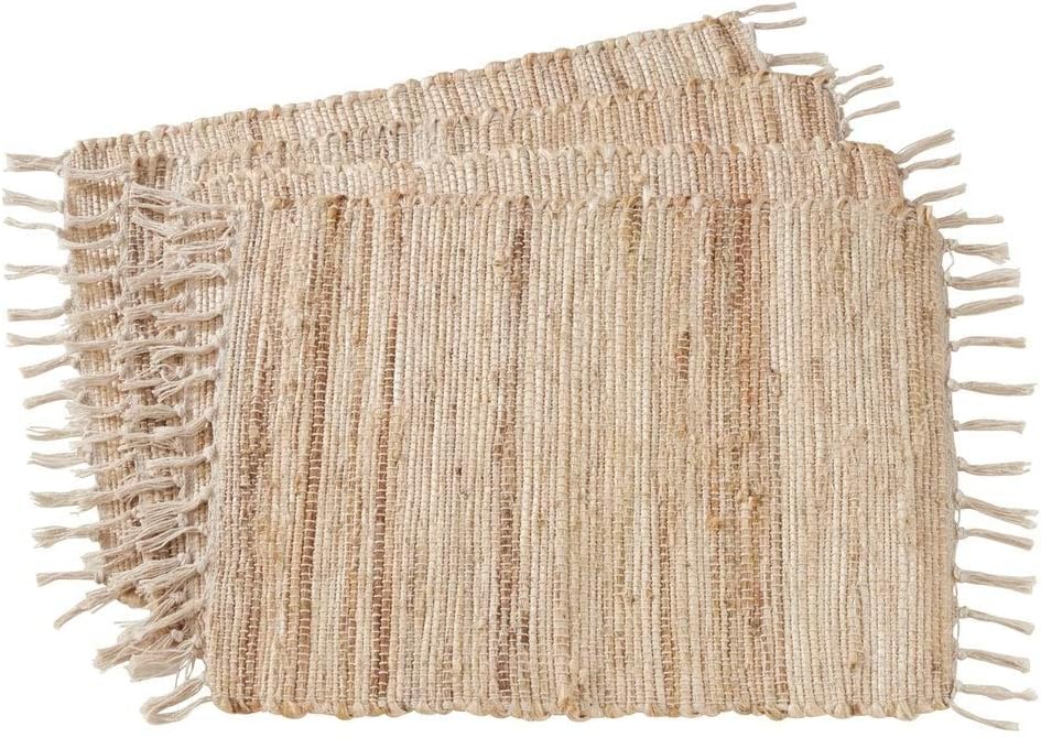Fennco Styles 100% Jute Chindi Tassel Design Farmhouse Placemats 14 x 20 Inch, Set of 4 - Natural Table Mats for Home, Dining Room, Banquets, Family Gathering and Special Occasion