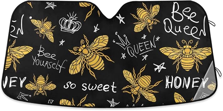 Honey Bee Queen Pattern Car Windshield Sun Shade Block UV Rays Sun Visor Protector Accordion Folding Sunshade Keep Vehicle Cool & Damage Free, Easy to Use, Fits Windshields of Various Sizes