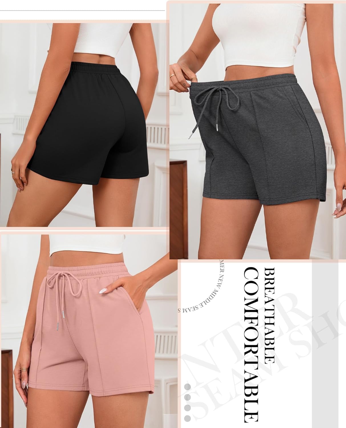 Neer 3 Pack Women's Sweat Shorts, Casual Drawstring Athletic Shorts Summer Lounge Loose Solid Active Short Pants with Pockets - Image 7