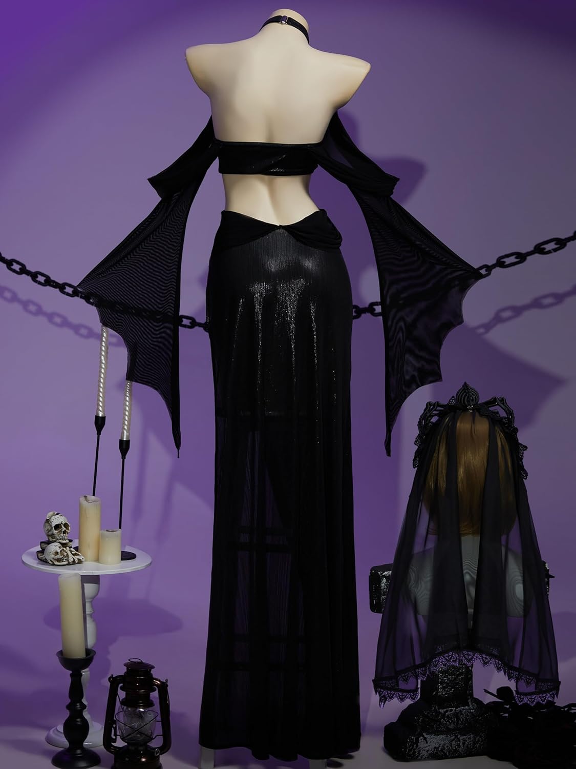 MEOWCOS Maxi Bodycon Dress Long Slit Gothic Spider Pattern Halloween Costume