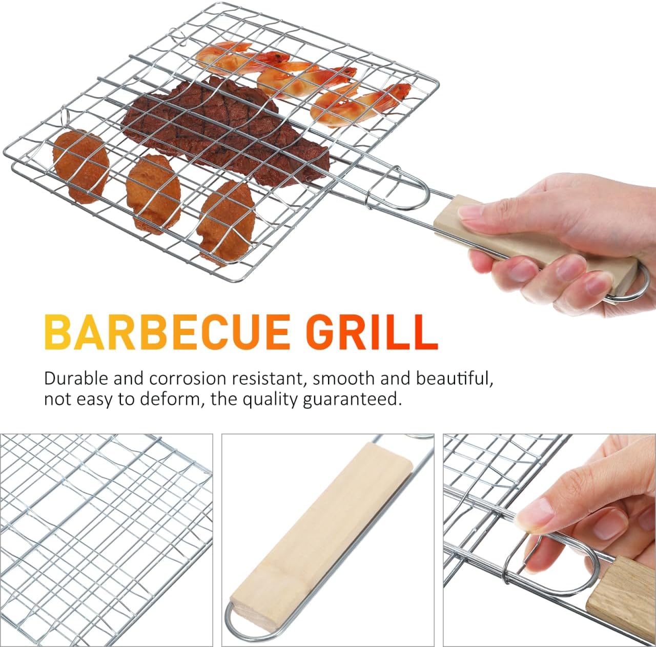 Stainless Steel Barbecue Rack 15X8.7 Inch Grill Basket with Wooden Handle 2Pcs Outdoor BBQ Cooking Tool for Patio Picnic Grilling Steak and Vegetables
