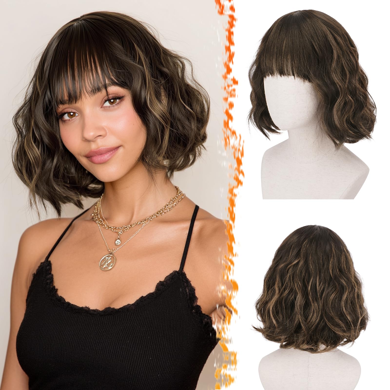 BARSDAR Short Wavy Wig with Bangs, Short Black Brown Mix Auburn Highlights Bob Wigs for Women