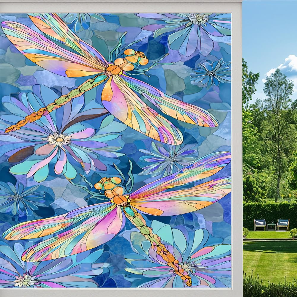 Pmlbaous Artistic Dragonfly Stained Glass Window Film, Rural Plants Flowers Peel And Stick Privacy Film, Frosted Adhesive Vinyl Decorative For Bathroom Windows Glass Doors, （45X60cm）