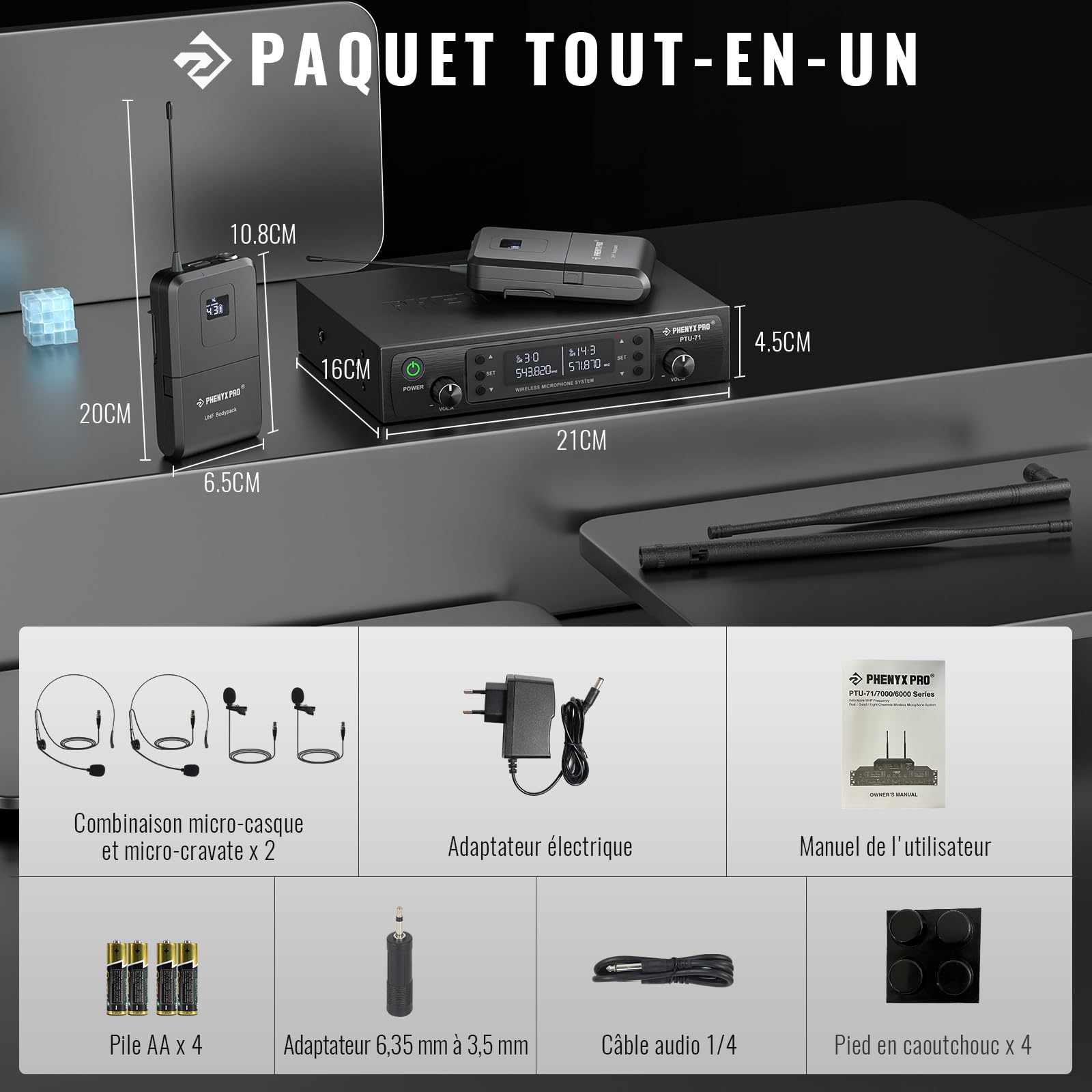 Phenyx Pro Système Micro sans Fil UHF Auto Scan PTU-71-2B