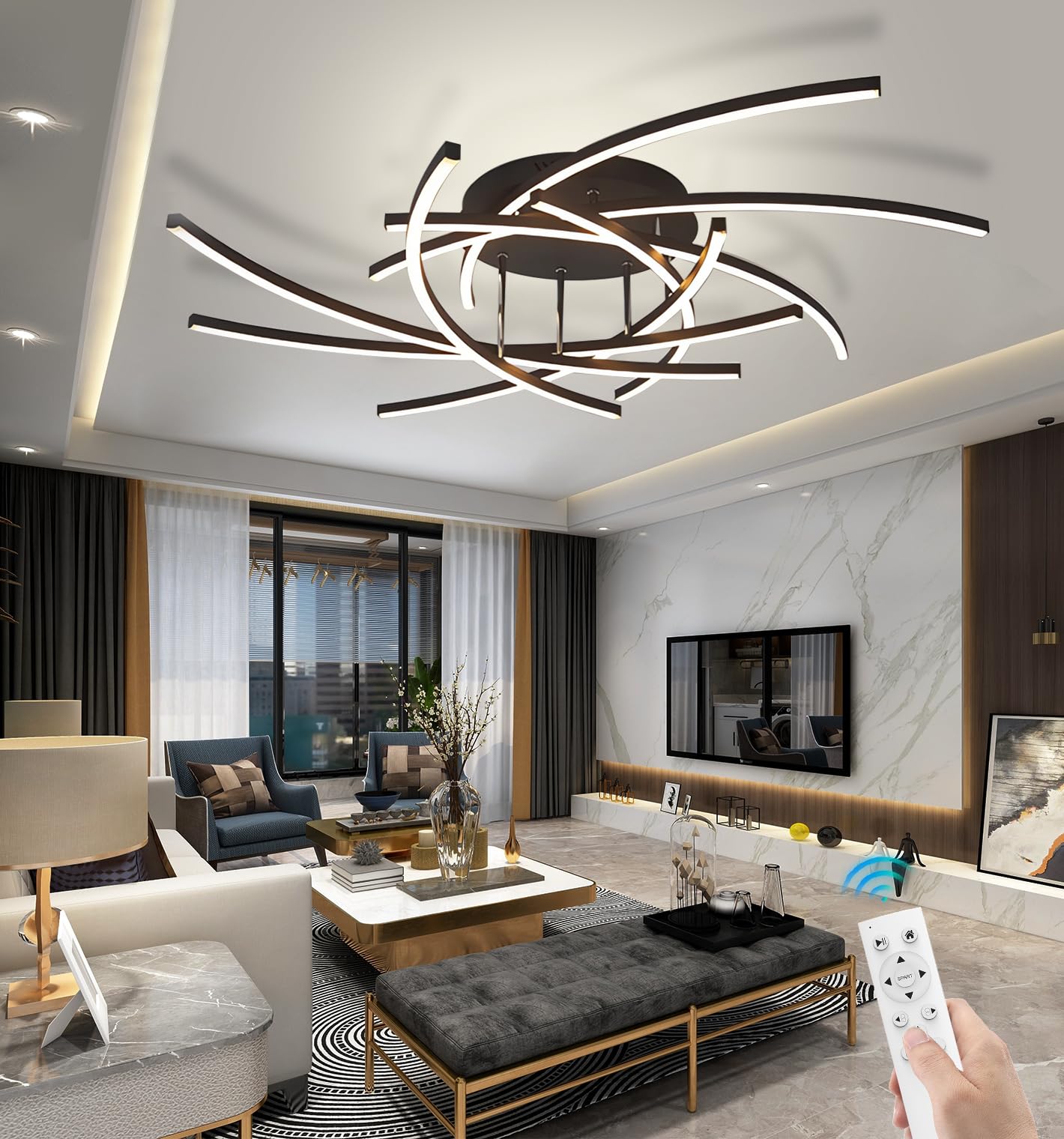 100cm Dimmbare LED Beleuchtungslampe 120W Schwarz/Weiß Wohnzimmerlampe Moderne LED-Deckenleuchte mit Fernbedienung Semi-Flush Mount Feuerwerk designer Innenbeleuchtung Wohnzimmer Decken Lamp (Schwarz)