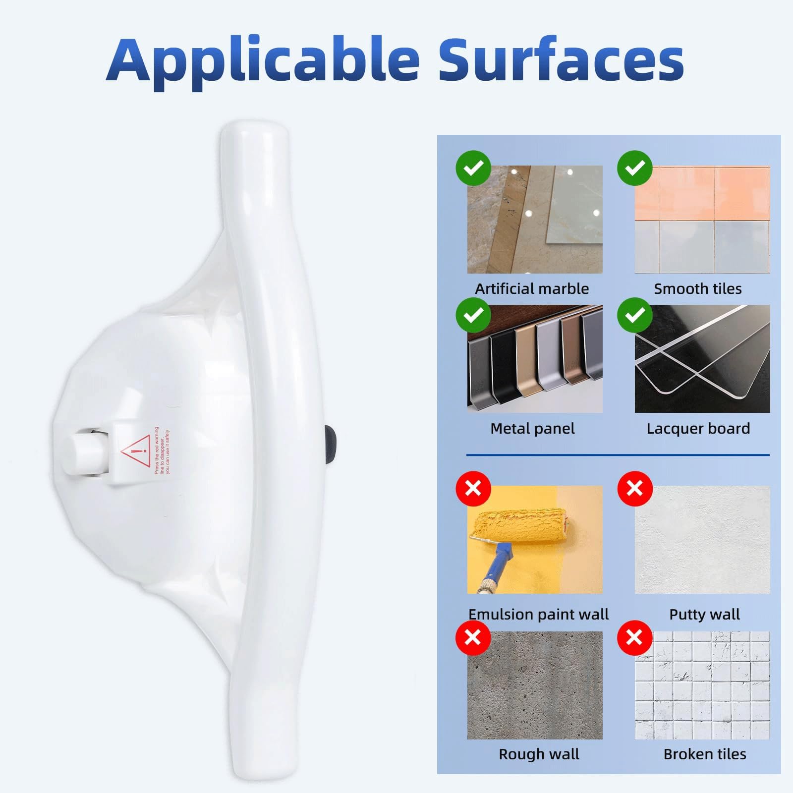 Barras de agarre para bañeras y duchas, ventosa grande de 5.5 pulgadas con línea de alerta de seguridad, agarre de seguridad extraíble sin taladrar, barras de seguridad de ducha para personas mayores
