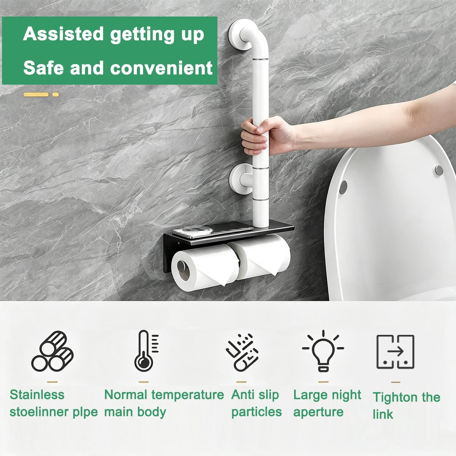 Maniglione Bagno con Ripiano, Acciaio Inox | Maniglione WC 3‑in‑1 con Portarotoli Doppio, Maniglia di Supporto a Muro, 150 Kg, per Anziani e Disabili(Gray)