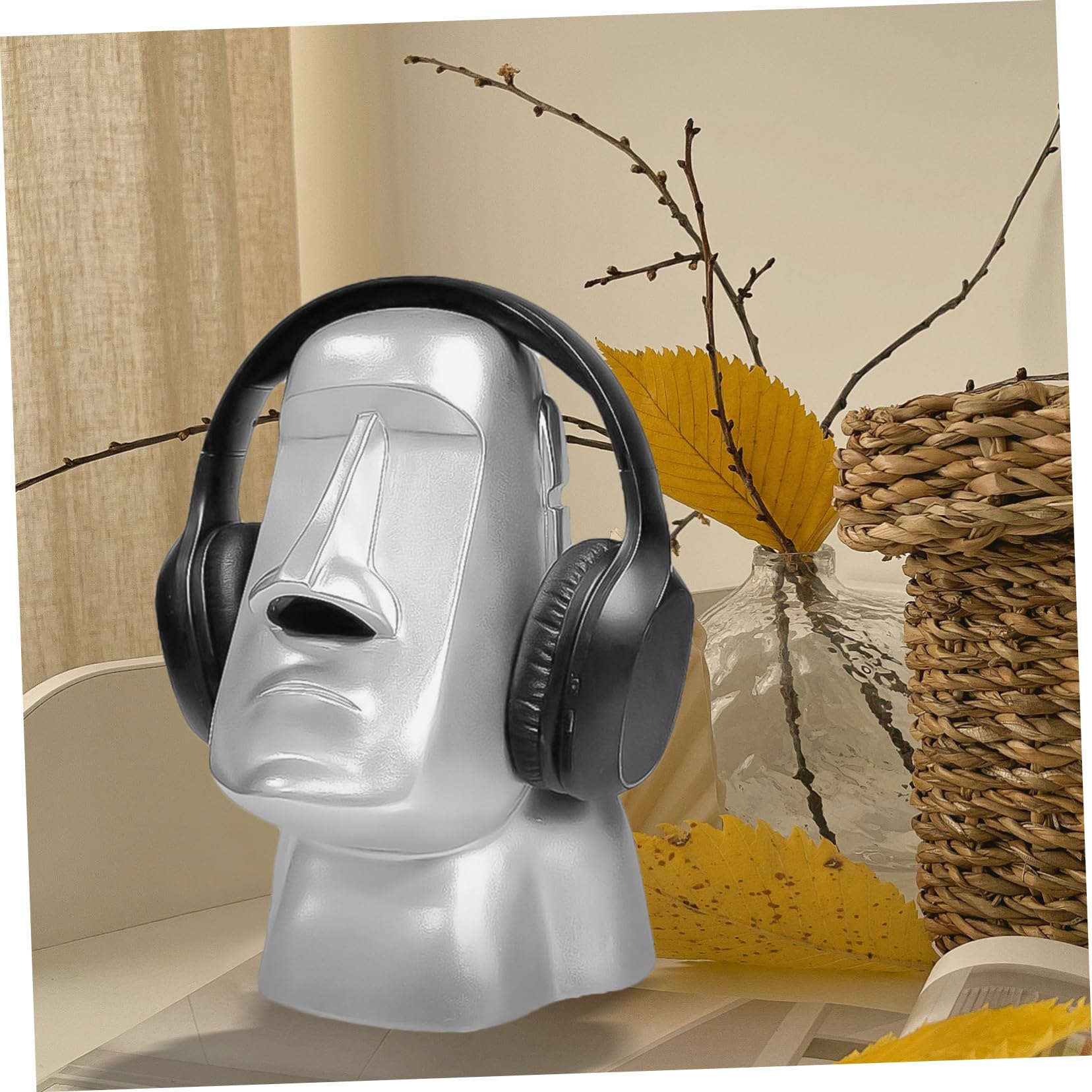 Cabilock Supporto per Cuffie Statua Moai in Resina Argento da Scrivania | Organizer per Piccoli Oggetti, Scenari Ufficio e Casa, Regalo di Natale