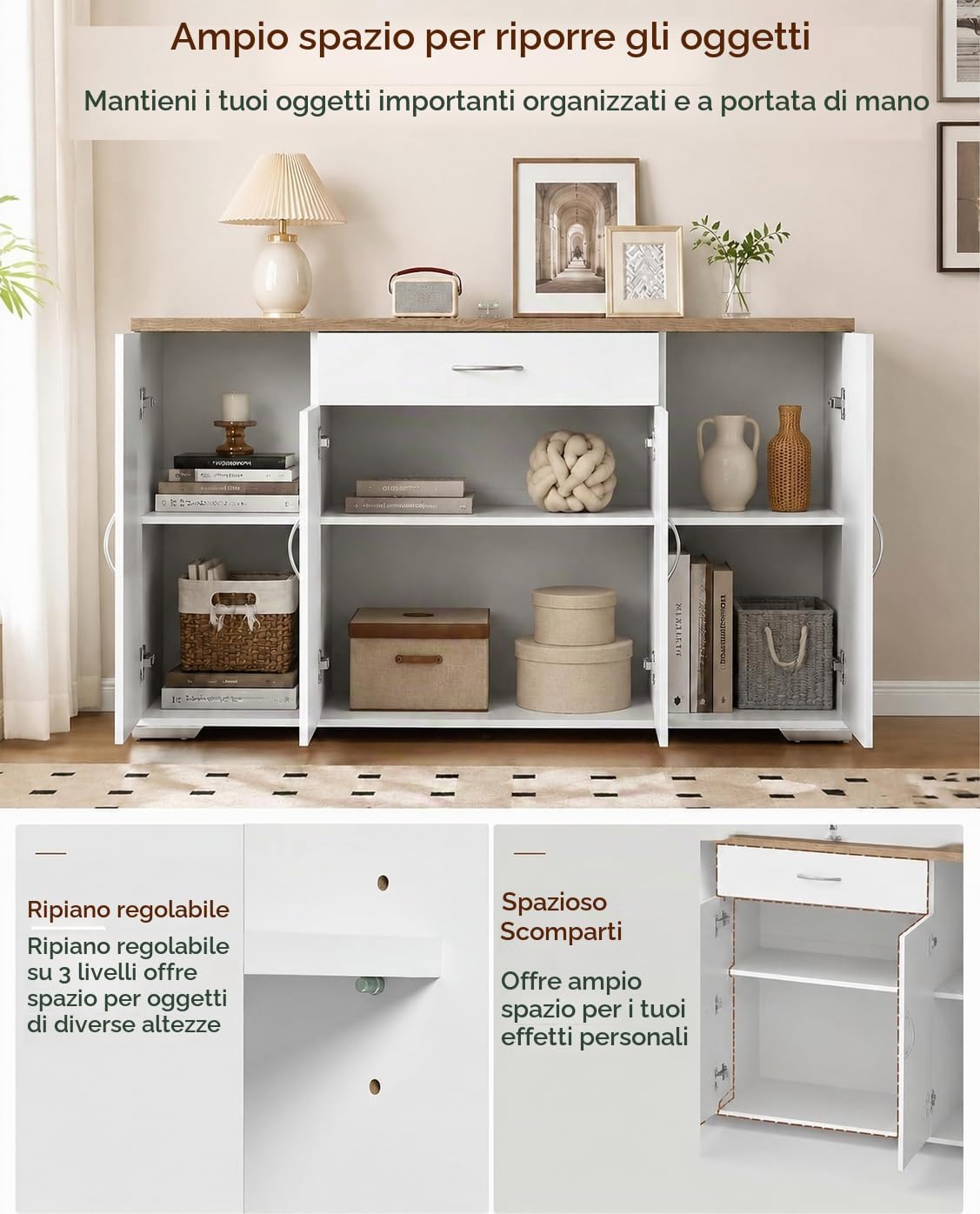 hitsuki Comò Camera da Letto Bianco con 4 Ante e 1 Cassetto 110×30×70cm | Mobile contenitore con 4 ante e 1 cassetto per organizzare biancheria, abiti e oggetti personali nella camera da letto