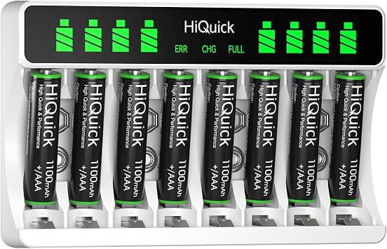 HiQuick Battery Charger with AAA Battery Pack of 8 for Mignon AA Micro NI-MH Rechargeable Batteries 8 Charging Place with LCD Display Batteries Charger with 8 AAA Batteries
