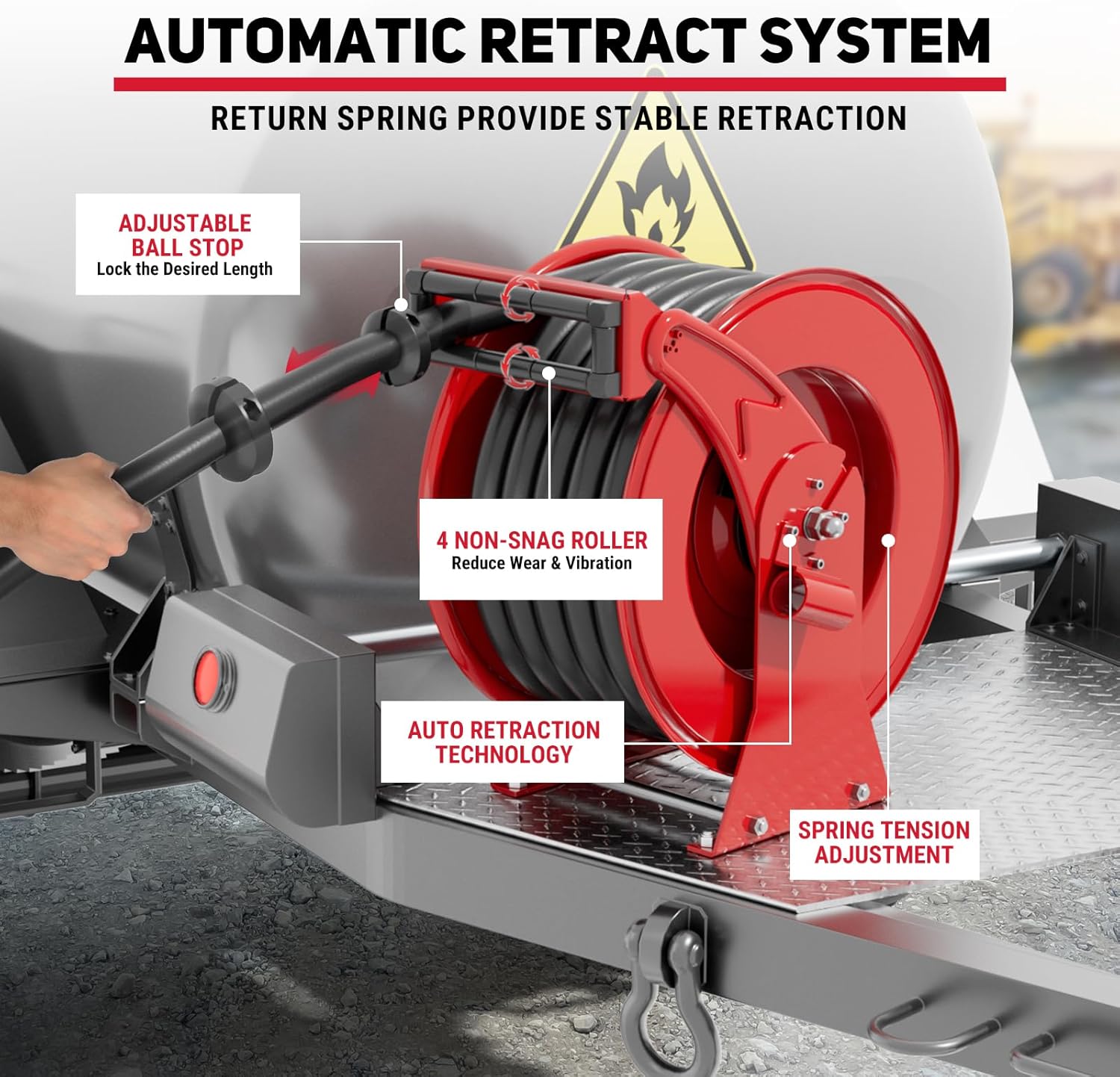 Fuel Hose Reel, 1" x 33' Retractable Diesel Hose Reel, Heavy-Duty Carbon Steel Construction with Automatic Fuel Nozzle, NBR Rubber Hose for Aircraft Ship Vehicle Tank Truck, 300 PSI