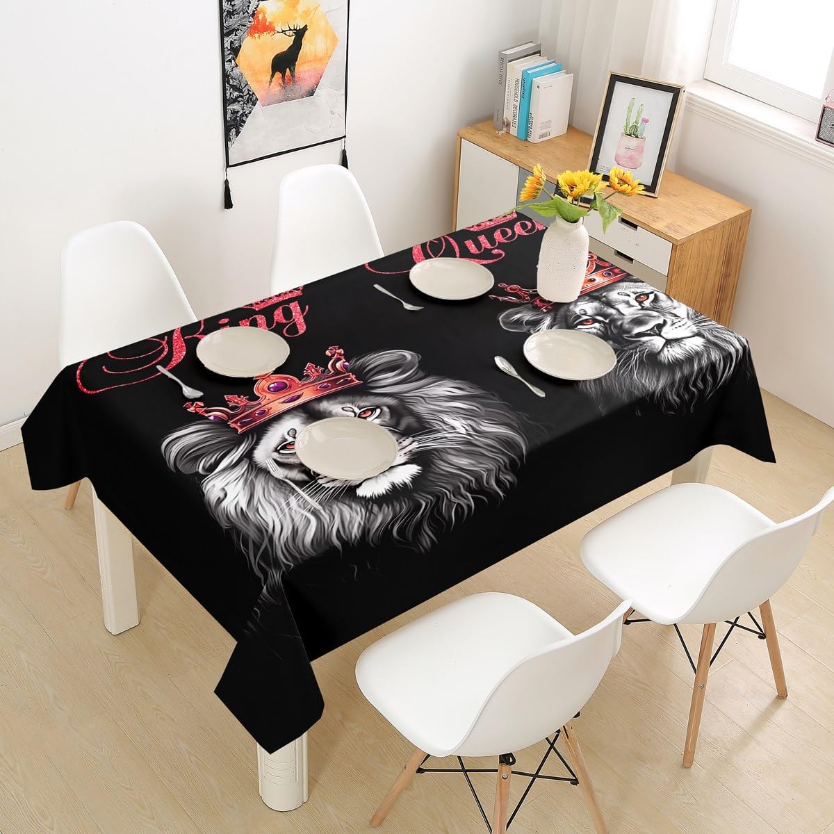 Wild Lion Couple Table Cloths,King and Queen Red Crown Glitter Table Cover,African Western Animal Cool Black Microfiber for Dining Kitchen Decorative,Tabletop Decoration 55"x71" Oblong/Rectangle