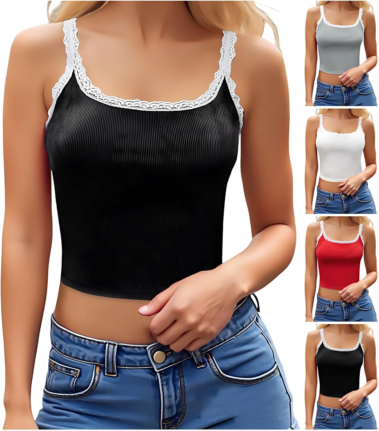 Ribbed Tank Tops for Women Built in Bra Crop Camisole Wide Strap Lace Trim Tank Top Tummy Control Sleeveless Shirts