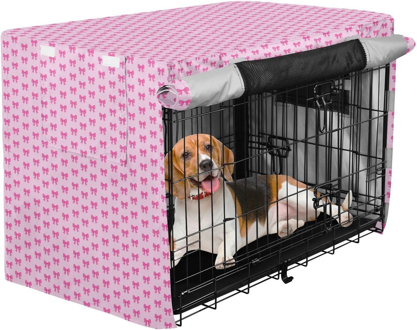 Pink Bows Metal Dog Crate Covers Privacy Wire Cage Cover with Roller Shades 48 Inch