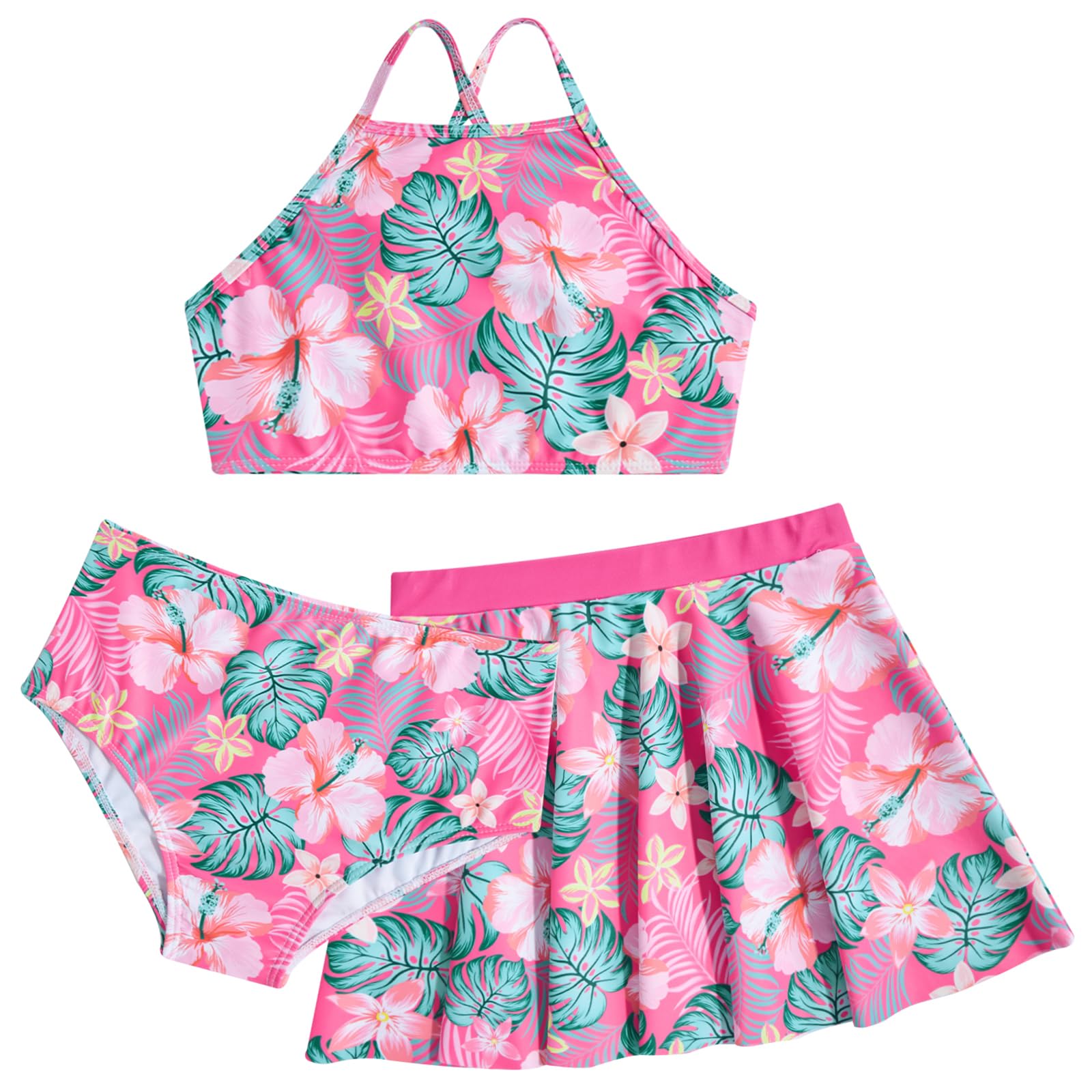 ALISISTERGirls Swimsuit 3 Piece Bathing Suits Summer Bikini Set with Skirt 5-12 Years