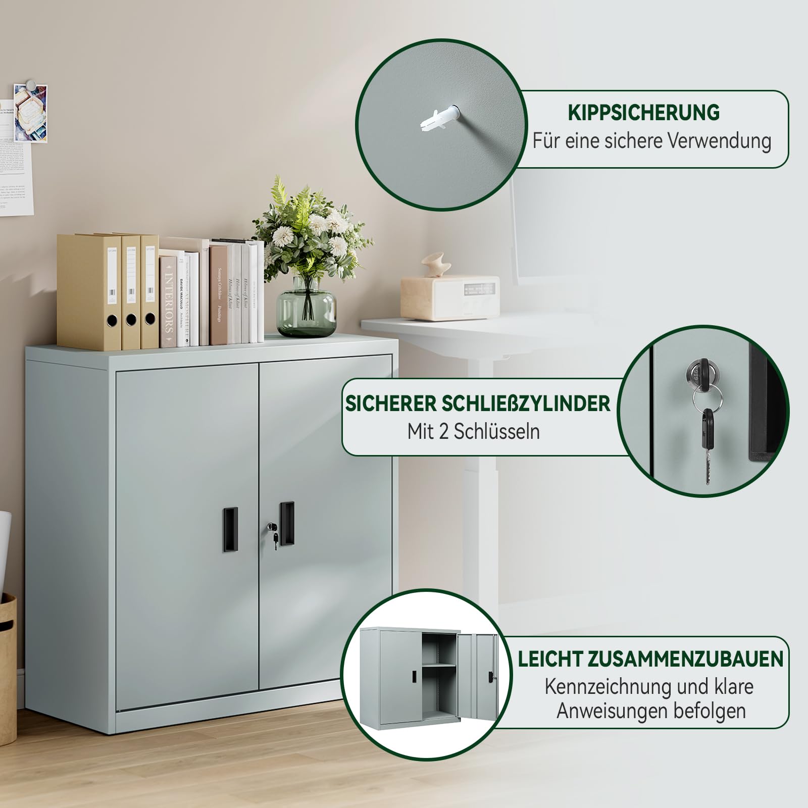 WOLTU Armadio per Archiviazione con Serratura e Ripiano Regolabile in Altezza, Armadio Multiuso per Ufficio in Metallo, Grigio, L90xH92xP40 cm, ASK12gr
