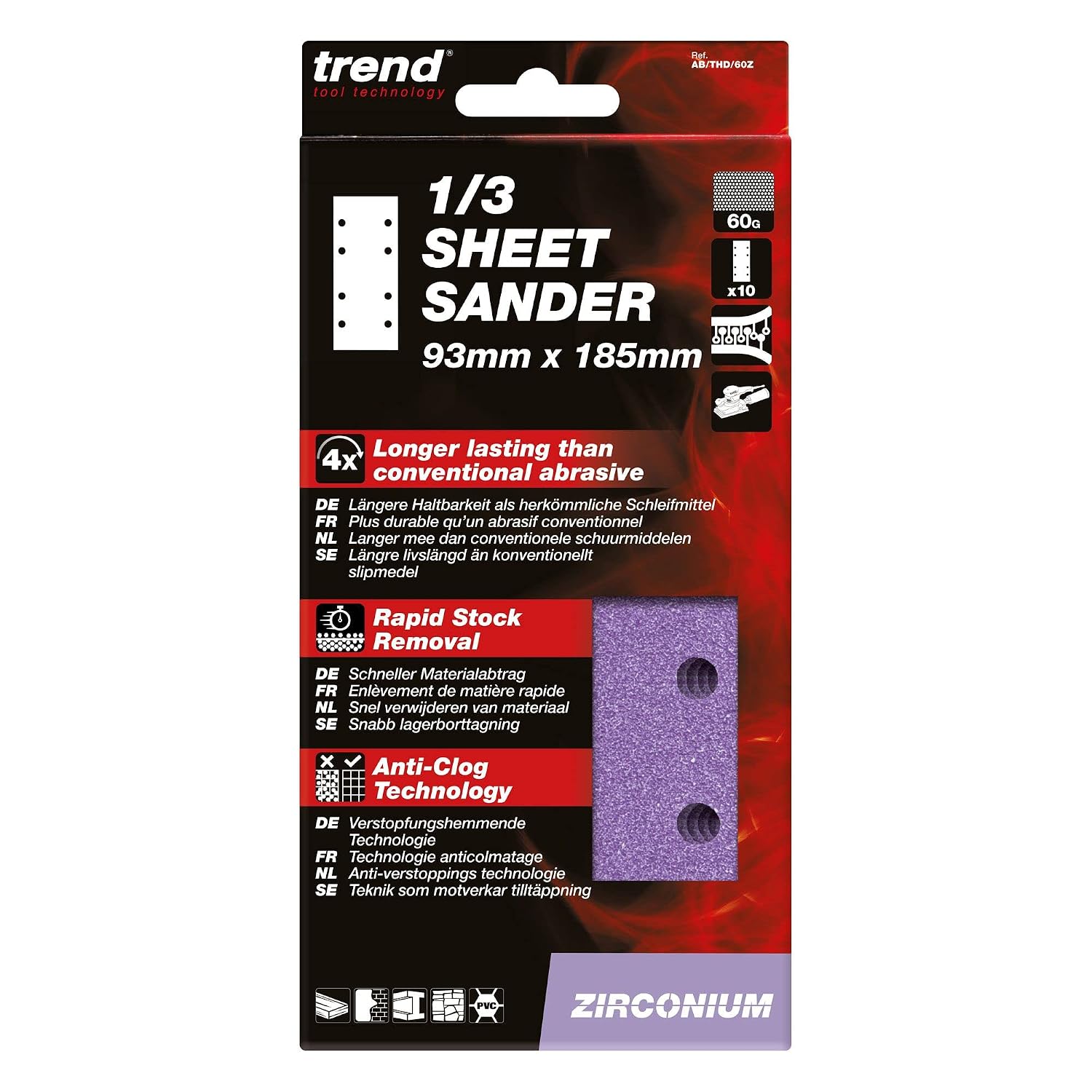 Trend Zirconium 1/3 Sheet 4x7 Inch 60 Grit Sanding Sheets, AB/THD/60Z, Pack of 10
