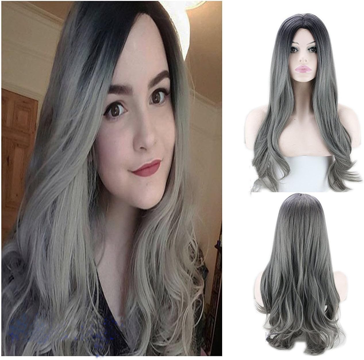 Esee Wigs Long Wave Wig Ombre Synthetic Two Tones Black Rooted Heat Resistant Middle Part Wig 130% High Density for Women