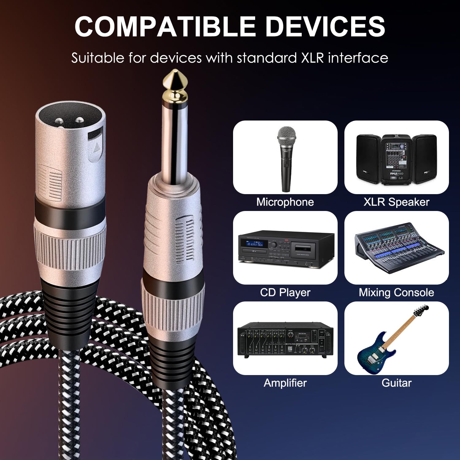 Nylong - Cable XLR macho a TS de 0,6 m, trenzado XLR macho de 3 pines a 6,35 mm