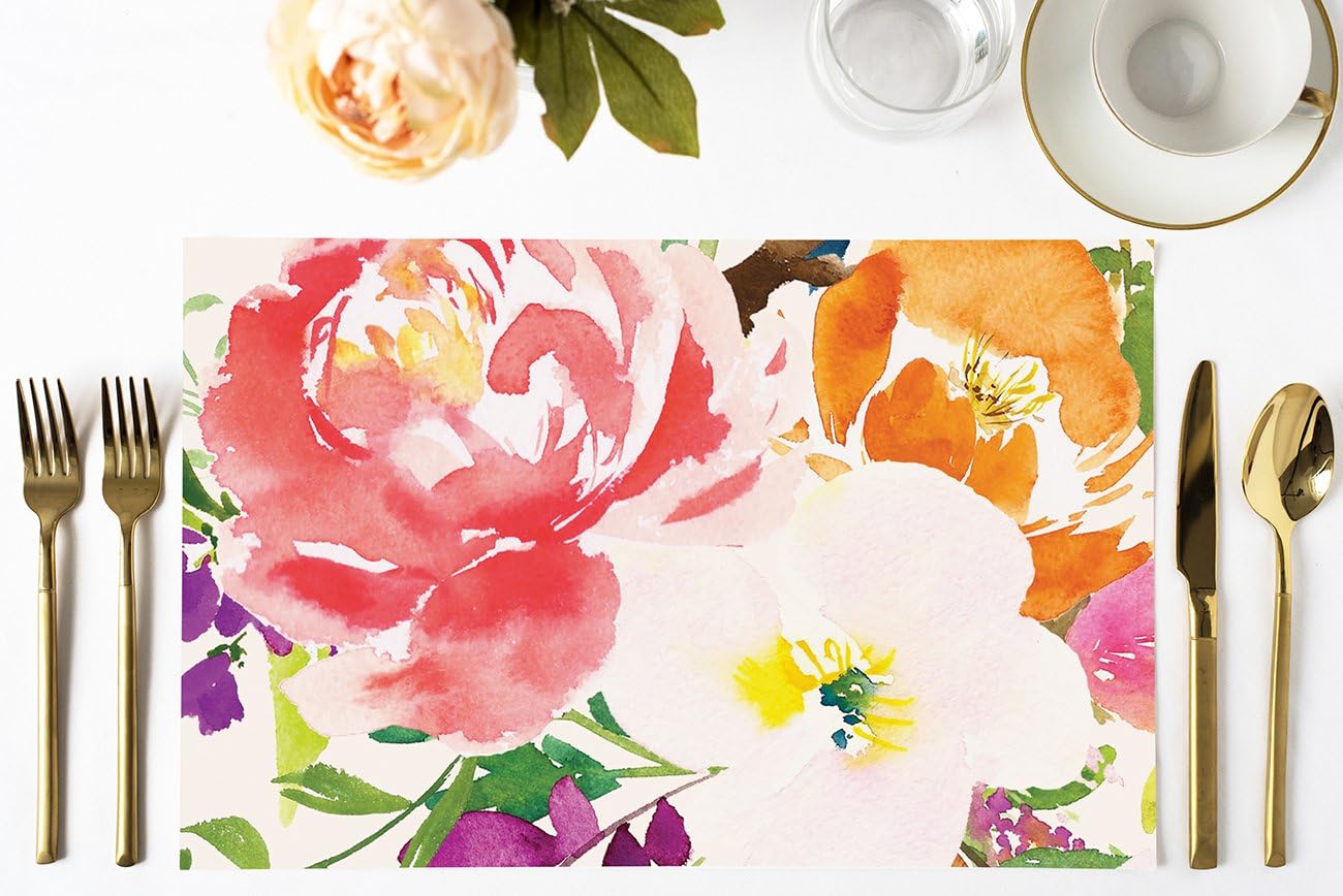 DB Party Studio Pack of 25 Paper Place Mats Gorgeous Tropical Watercolor Floral Anniversary Engagement Wedding Parties Easy Cleanup Disposable Luncheon Dinner Table Settings Decor 17" x 11" Placemats